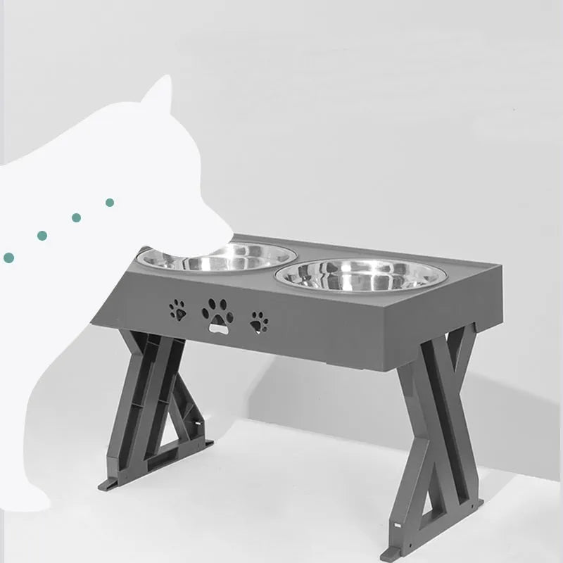 Adjustable height stainless steel dog food bowl with plastic base, maximum height 288mm, black and grey colour options