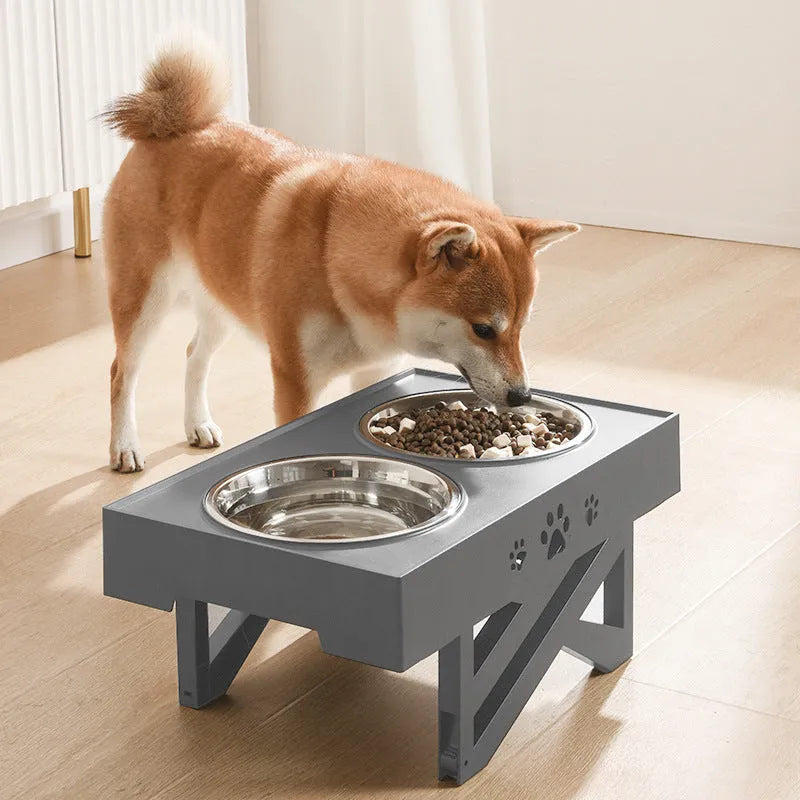 Adjustable height stainless steel dog food bowl with plastic base, maximum height 288mm, black and grey colour options