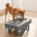 Adjustable height stainless steel dog food bowl with plastic base, maximum height 288mm, black and grey colour options