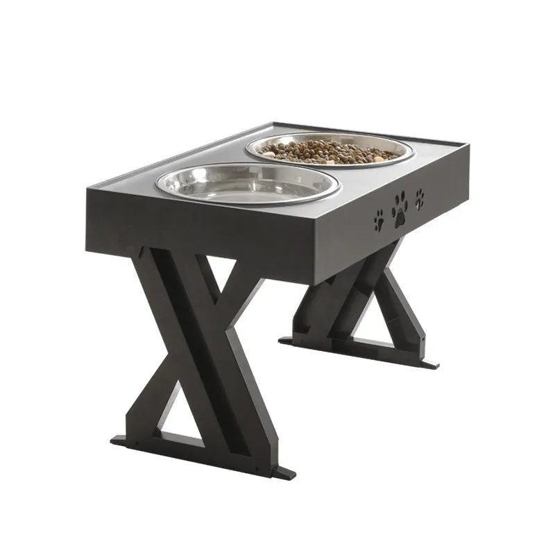 Adjustable height stainless steel dog food bowl with plastic base, maximum height 288mm, black and grey colour options