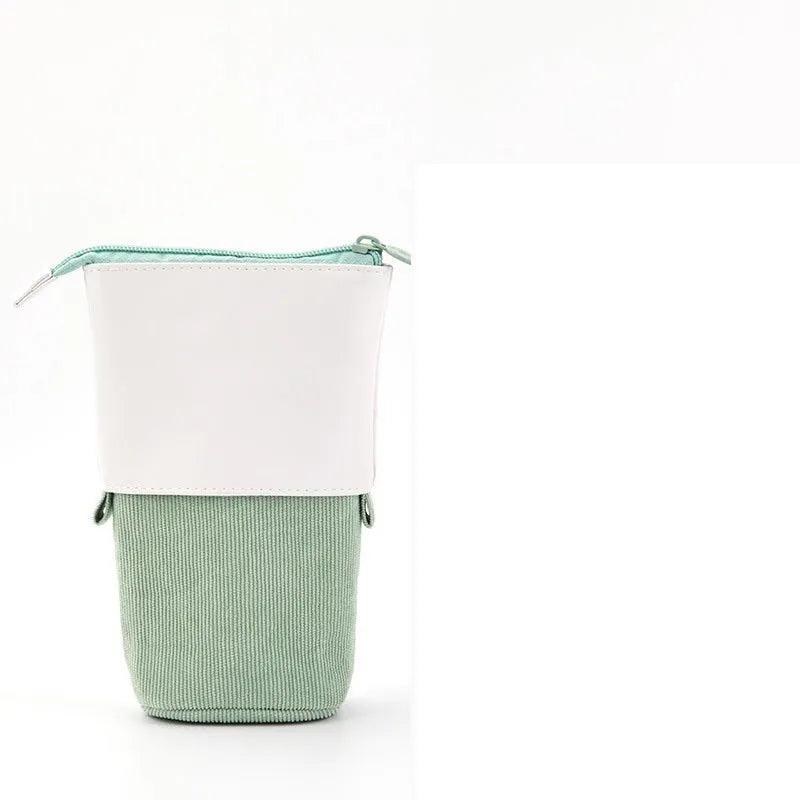 Corduroy retractable pencil case in green with PU leather trim, round shape, plain pattern