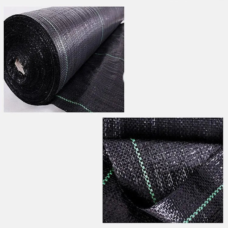 Black PE plastic weed control cloth laid flat with measuring tape showing dimensions for greenhouse and farmland use