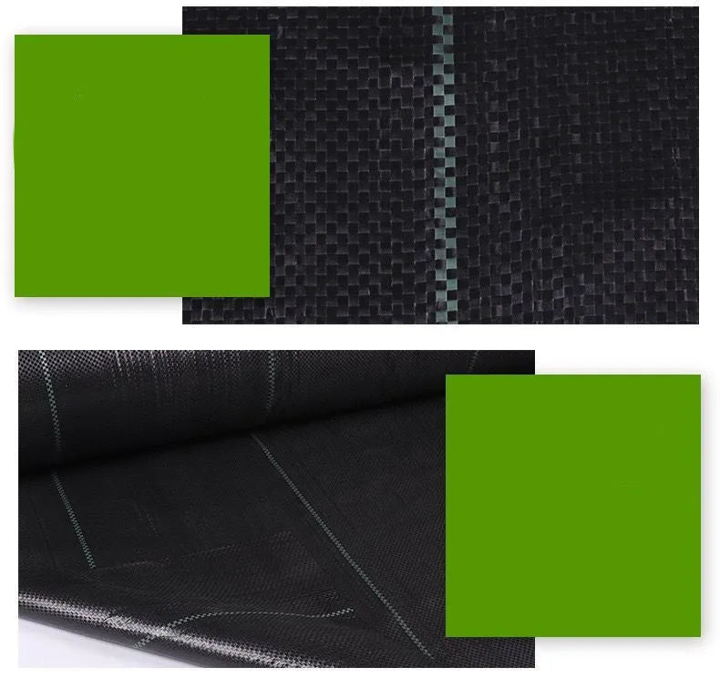 Black PE plastic weed control cloth laid flat with measuring tape showing dimensions for greenhouse and farmland use