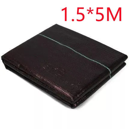 Black PE plastic weed control cloth laid flat with measuring tape showing dimensions for greenhouse and farmland use
