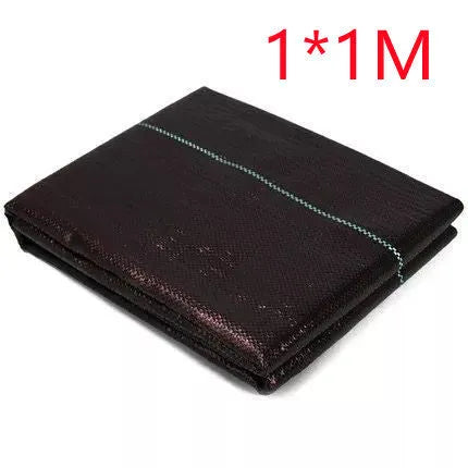 Black PE plastic weed control cloth laid flat with measuring tape showing dimensions for greenhouse and farmland use