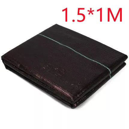 Black PE plastic weed control cloth laid flat with measuring tape showing dimensions for greenhouse and farmland use