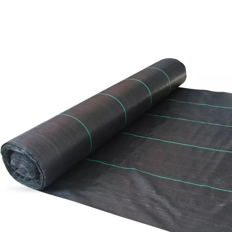 Black PE plastic weed control cloth laid flat with measuring tape showing dimensions for greenhouse and farmland use