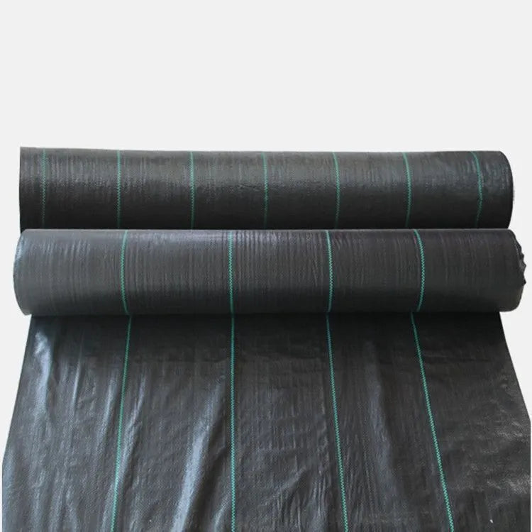 Black PE plastic weed control cloth laid flat with measuring tape showing dimensions for greenhouse and farmland use