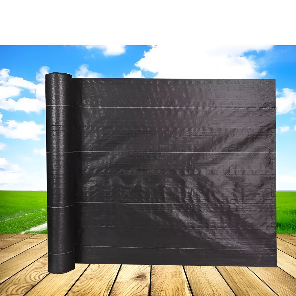 Black PE plastic weed control cloth laid flat with measuring tape showing dimensions for greenhouse and farmland use