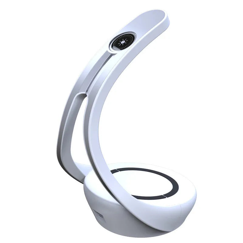 White and sardine silver HY1801D wireless charging LED desk lamp with Bluetooth speaker