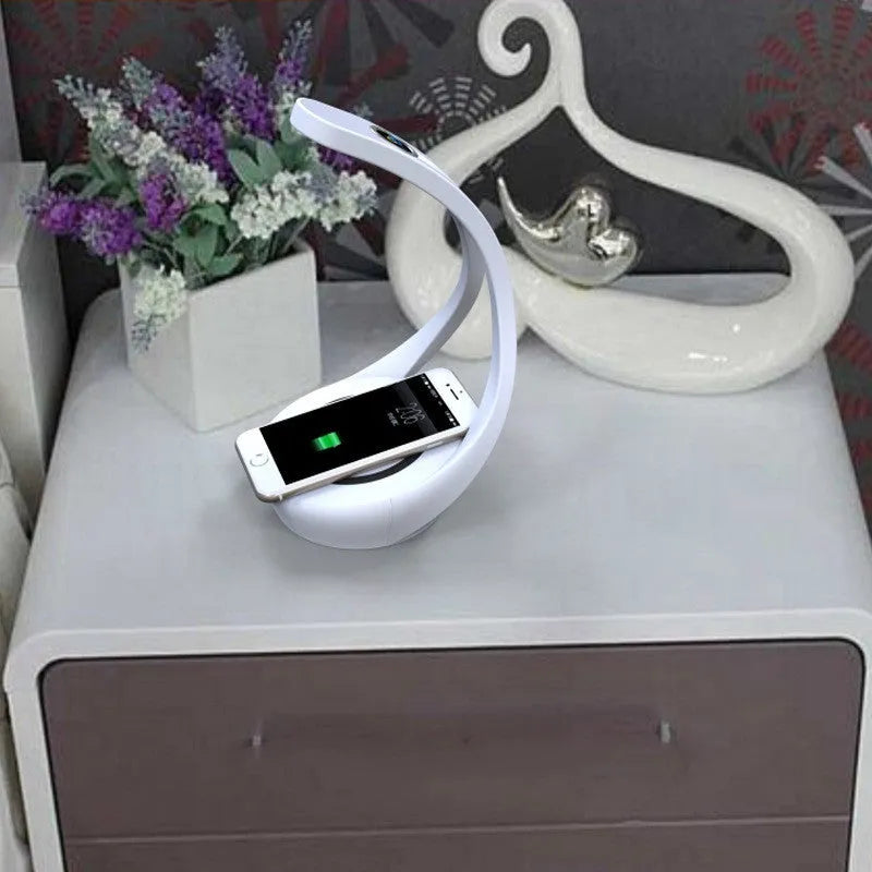 White and sardine silver HY1801D wireless charging LED desk lamp with Bluetooth speaker