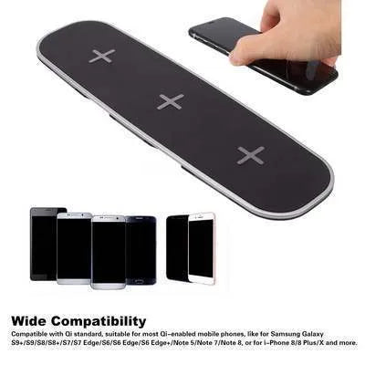 Black and white 3-in-1 Qi wireless charging pad for phones, watches and earbuds