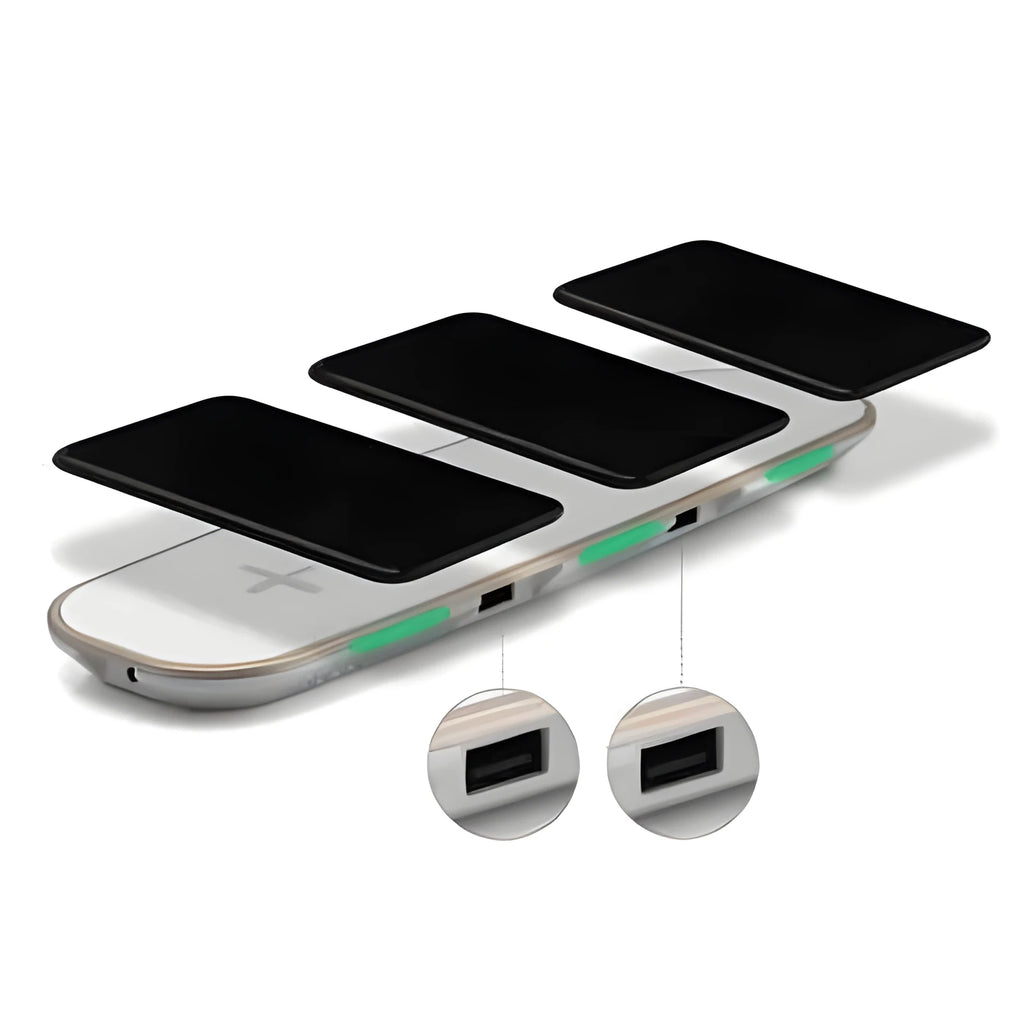 Black and white 3-in-1 Qi wireless charging pad for phones, watches and earbuds