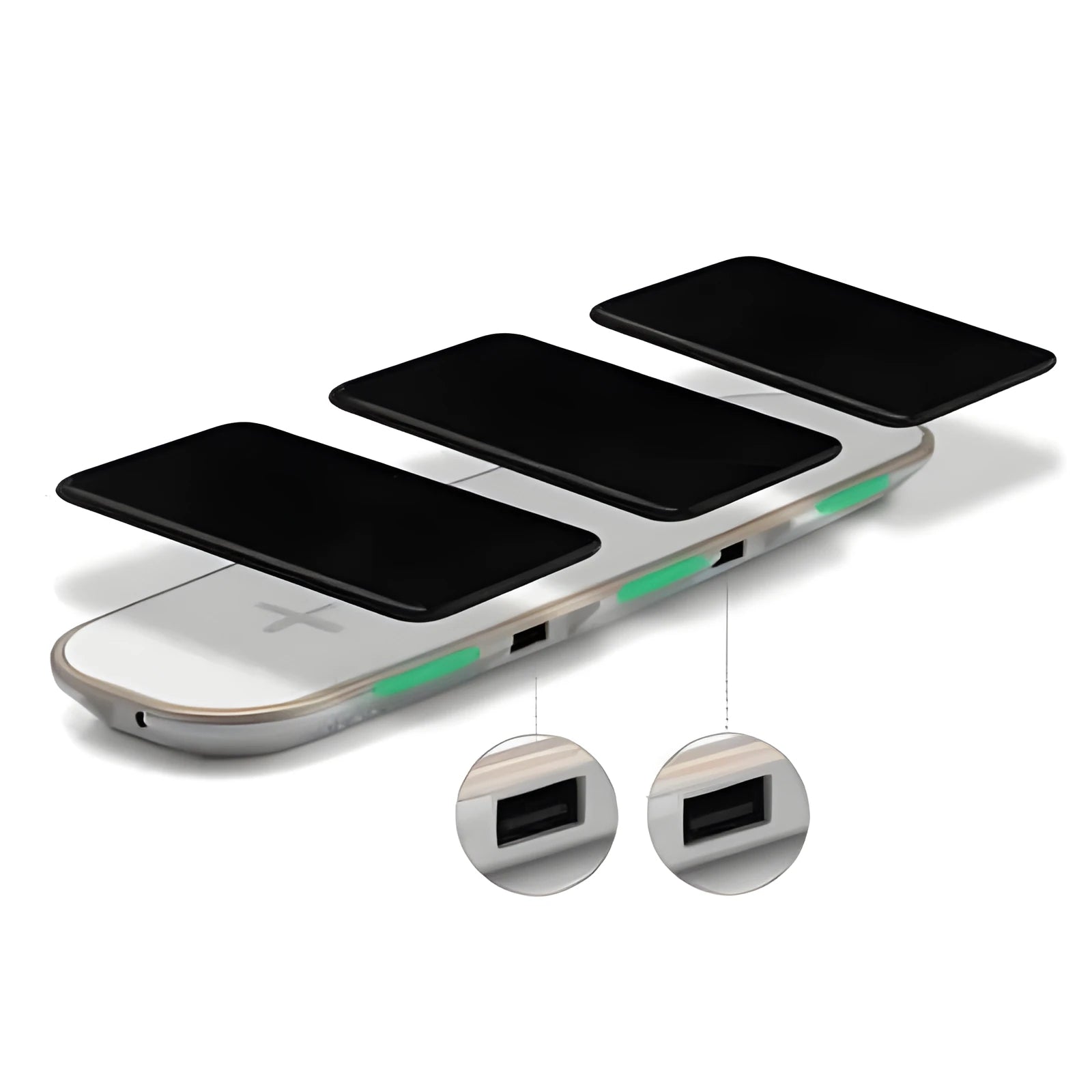 Black and white 3-in-1 Qi wireless charging pad for phones, watches and earbuds
