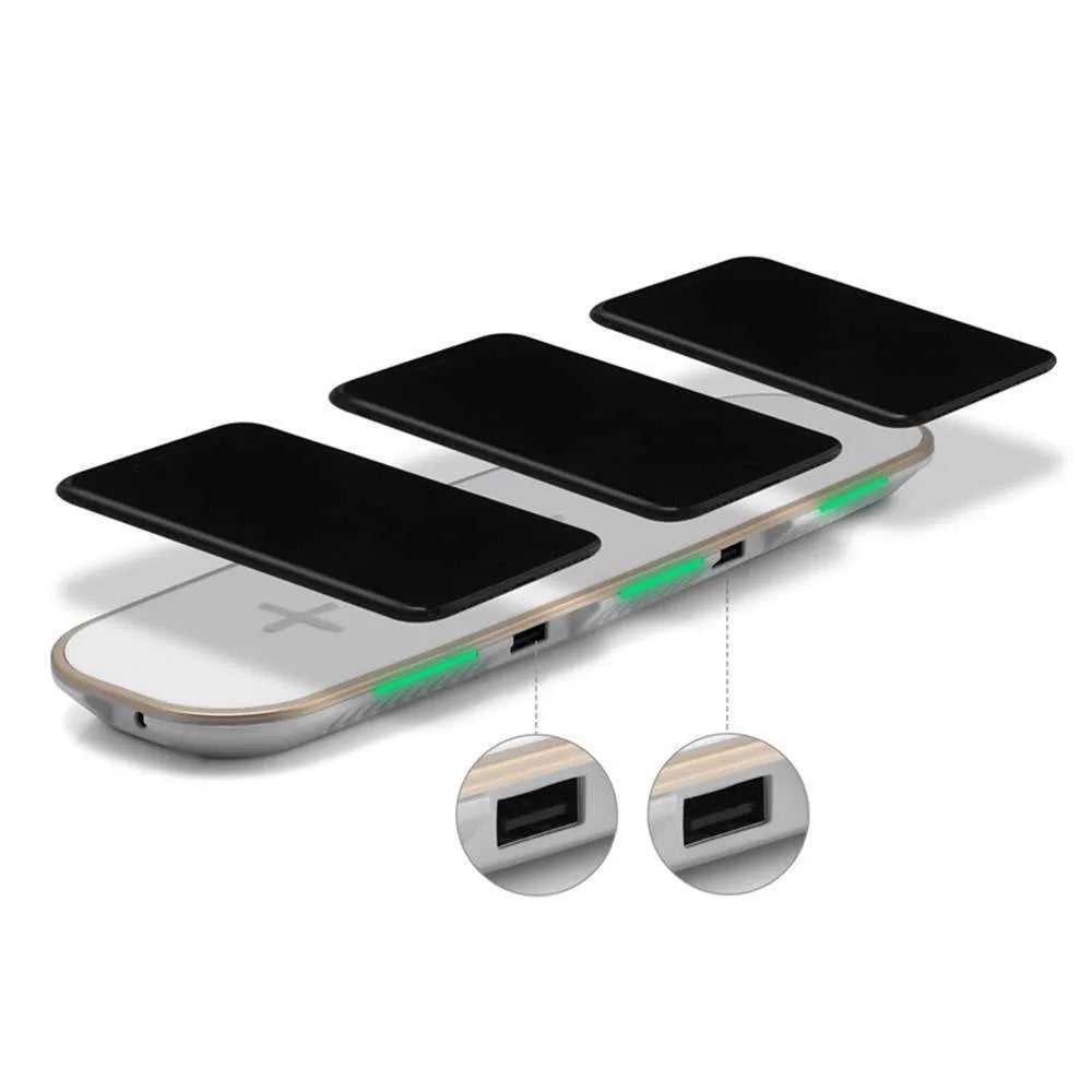 Black and white 3-in-1 Qi wireless charging pad for phones, watches and earbuds