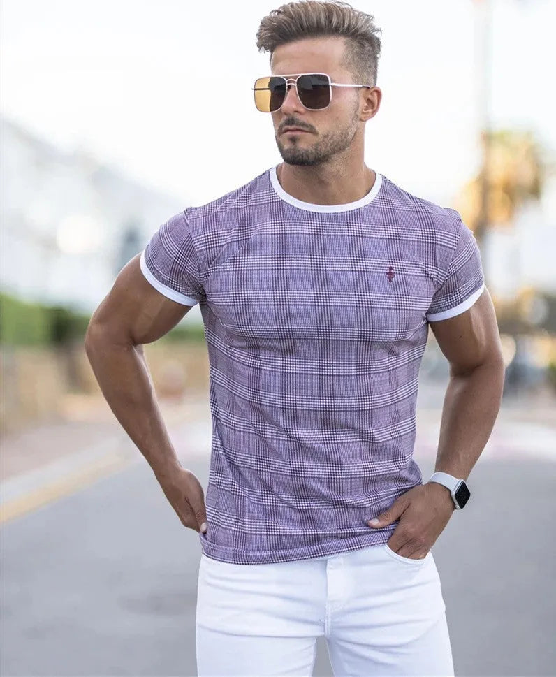 Men's quick-drying fitness T-shirt, short-sleeved round neck, grid pattern, slim fit, light blue