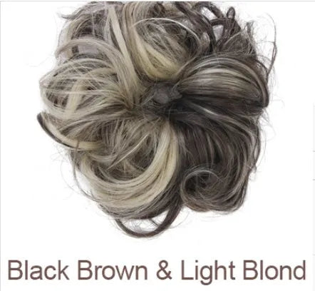 Wig hair circle synthetic hair band with adjustable elastic, heat resistant, in Jet Black or Auburn, for buns and ponytails.