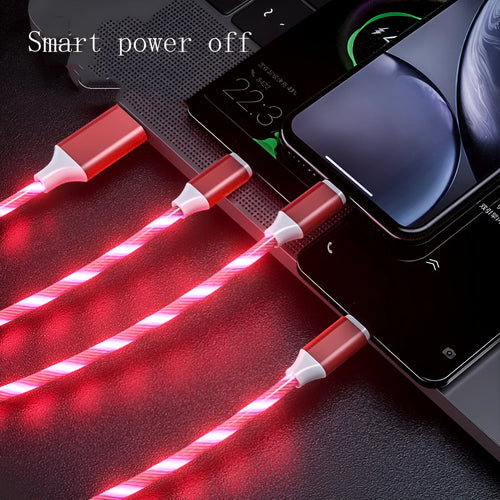 3 in 1 charging cable with LED flowing light, Type-C, Micro USB, and iPhone connectors, 1.25m TPE wire