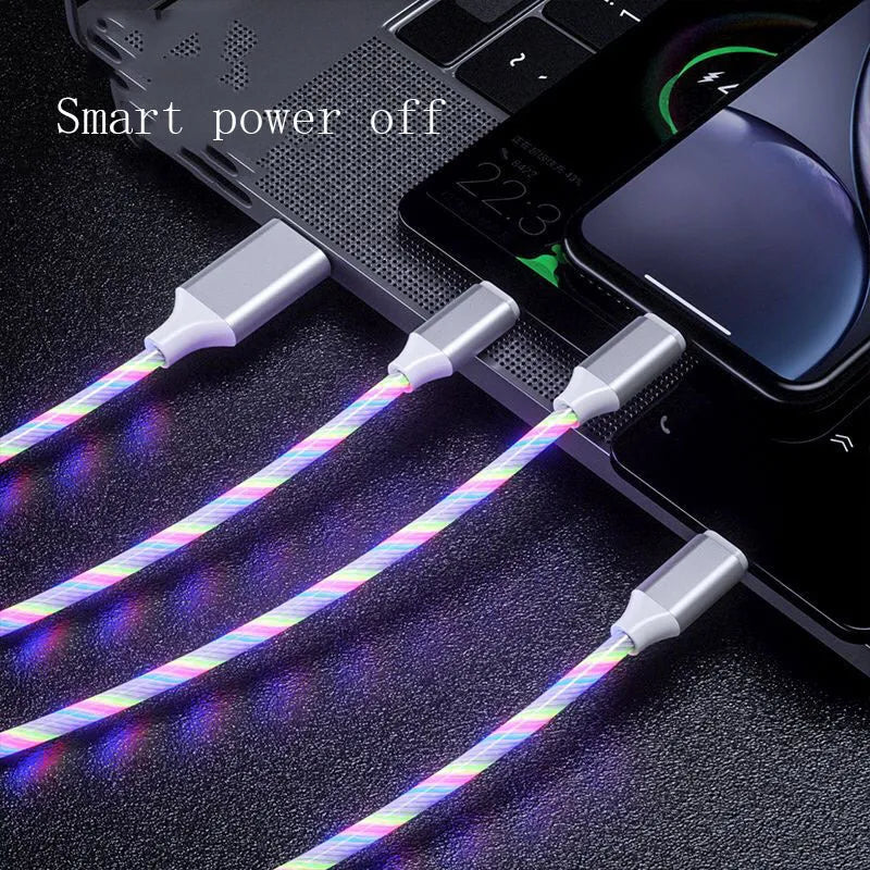 3 in 1 charging cable with LED flowing light, Type-C, Micro USB, and iPhone connectors, 1.25m TPE wire
