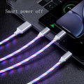 3 in 1 charging cable with LED flowing light, Type-C, Micro USB, and iPhone connectors, 1.25m TPE wire