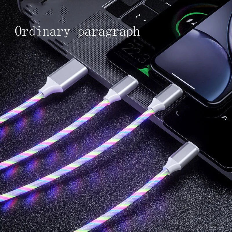 3 in 1 charging cable with LED flowing light, Type-C, Micro USB, and iPhone connectors, 1.25m TPE wire
