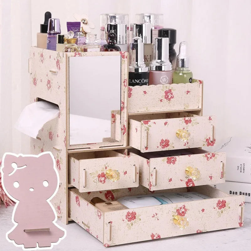 Wooden cosmetic storage box with drawer compartments and cartoon pattern design