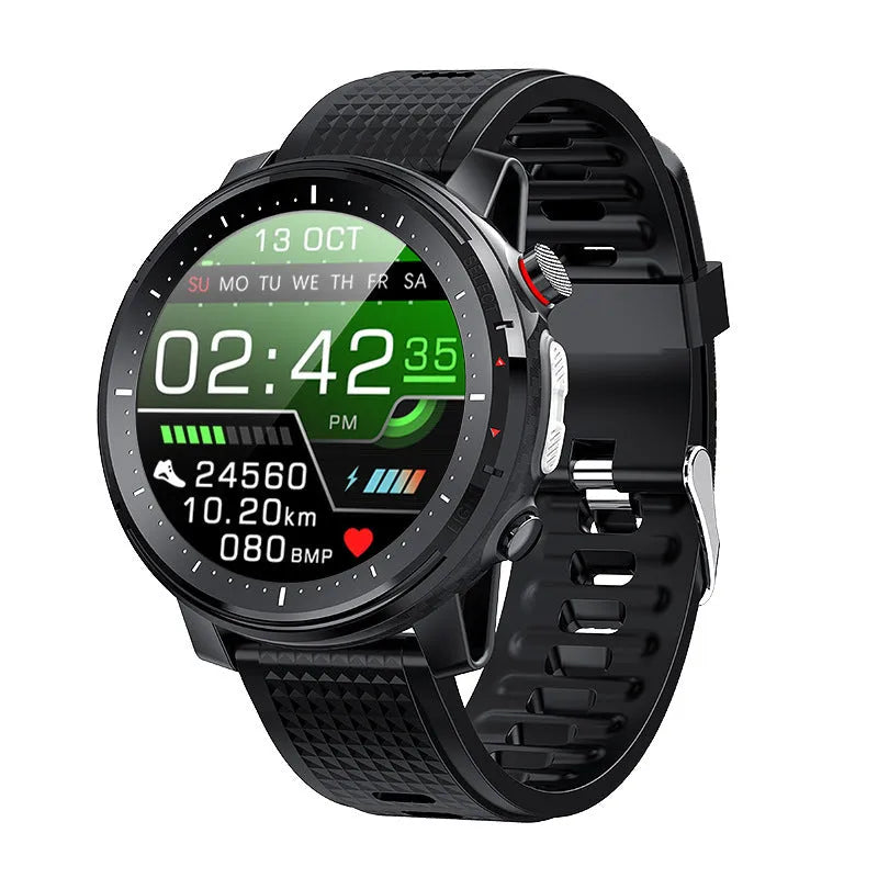 Men's Android smartwatch with IP68 waterproof rating, round 1.3-inch touchscreen, and black silicone strap.