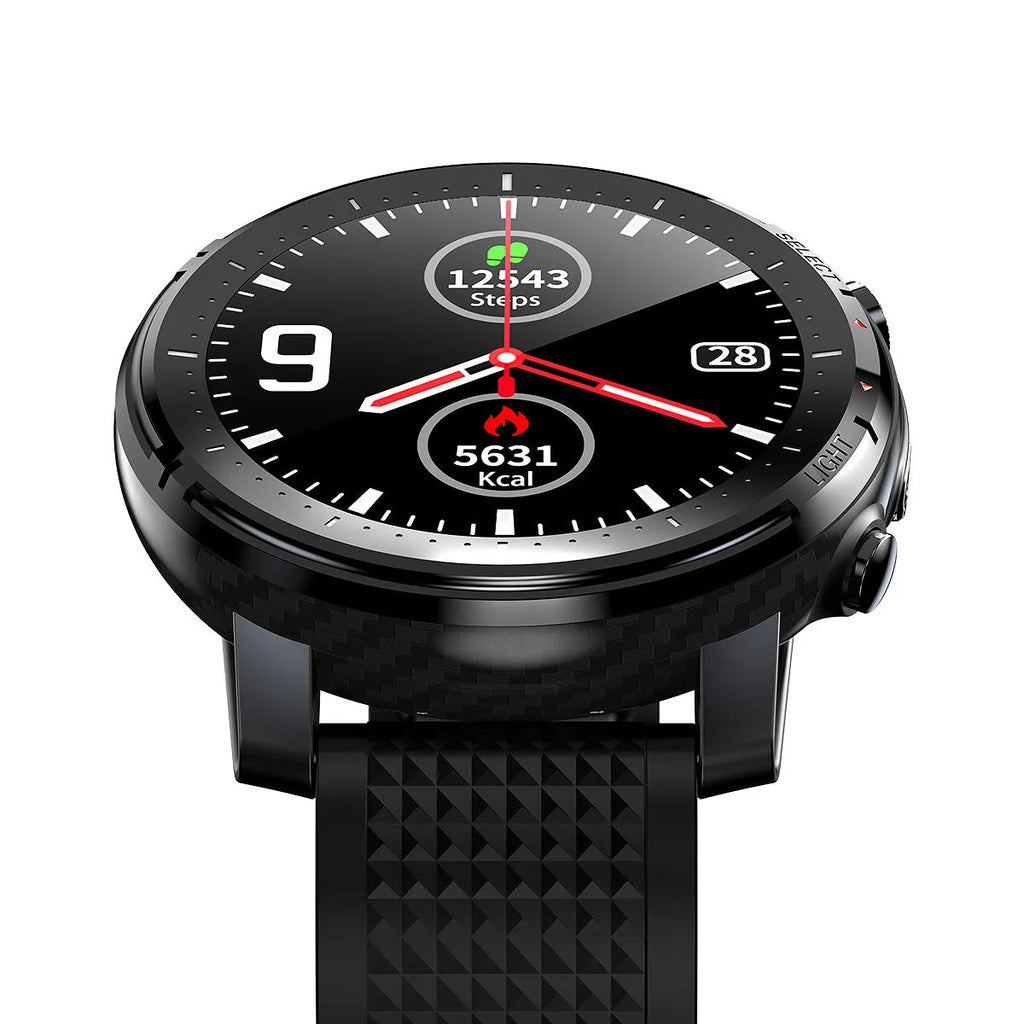 Men's Android smartwatch with IP68 waterproof rating, round 1.3-inch touchscreen, and black silicone strap.
