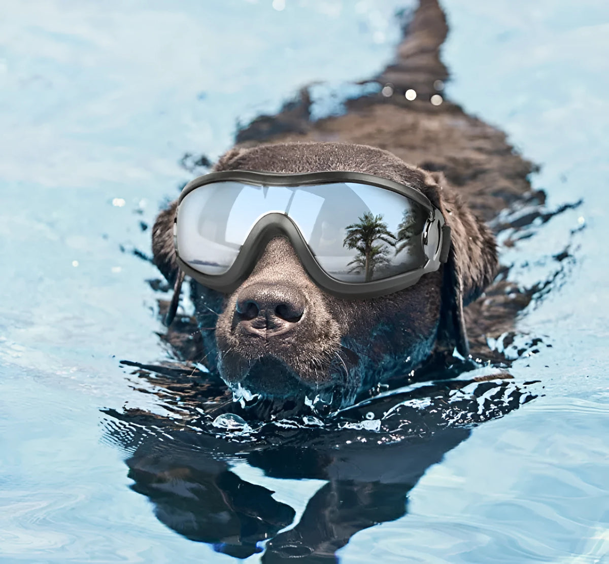 Black dog goggles with PC lens and PVC frame, one size for large dogs, waterproof and windproof.