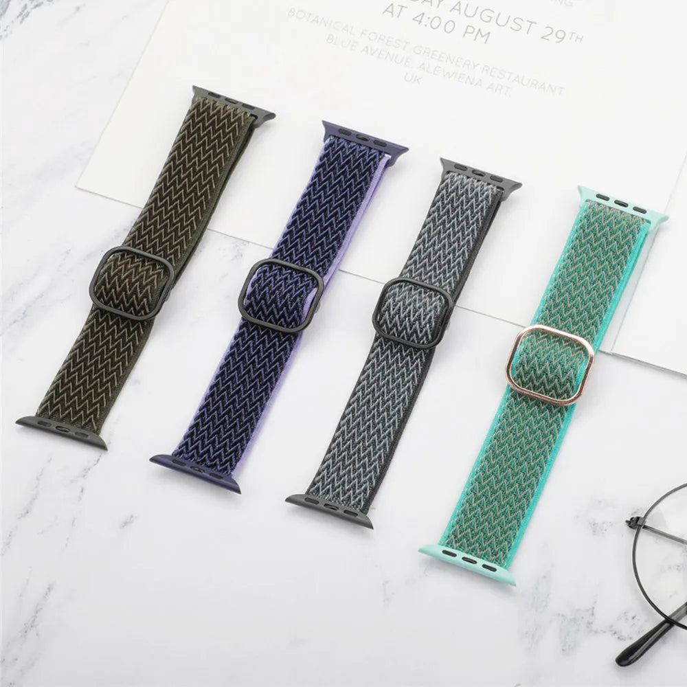 Braided nylon elastic strap with wave pattern for Apple Watch, shown in multiple colour options.