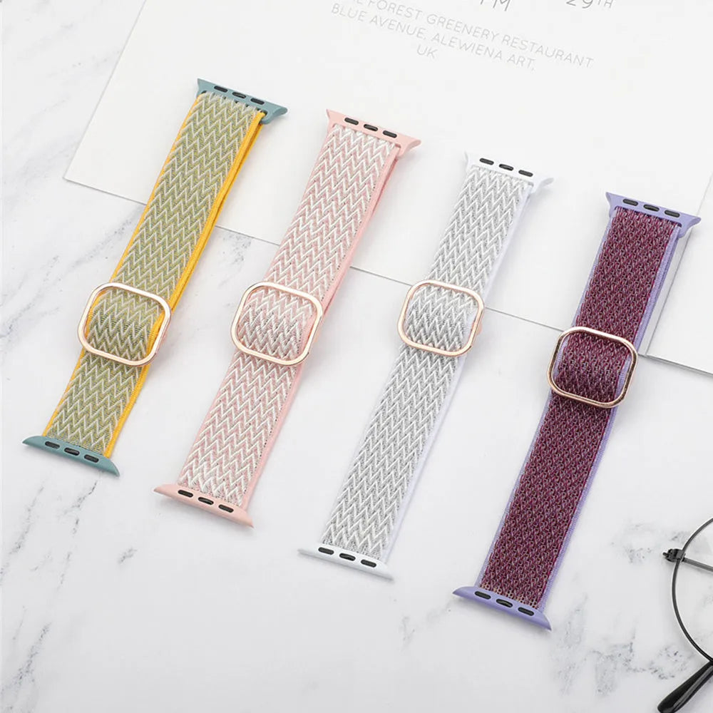 Braided nylon elastic strap with wave pattern for Apple Watch, shown in multiple colour options.