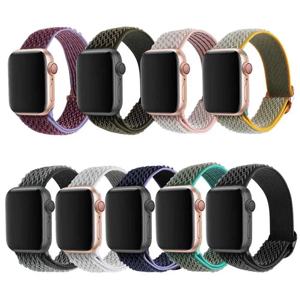 Braided nylon elastic strap with wave pattern for Apple Watch, shown in multiple colour options.