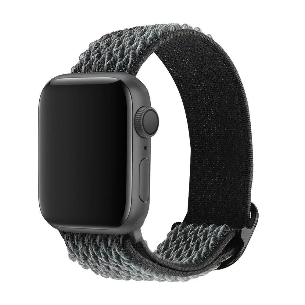 Braided nylon elastic strap with wave pattern for Apple Watch, shown in multiple colour options.