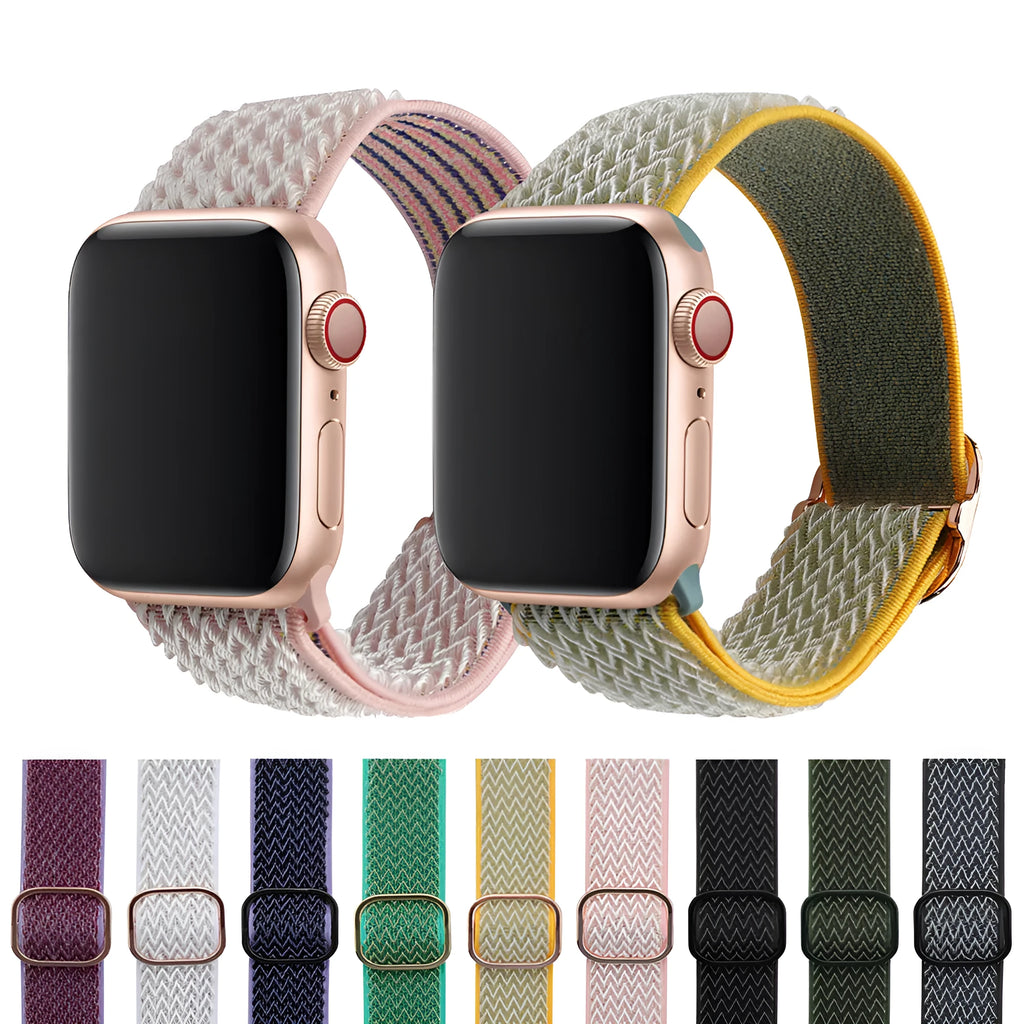 Braided nylon elastic strap with wave pattern for Apple Watch, shown in multiple colour options.