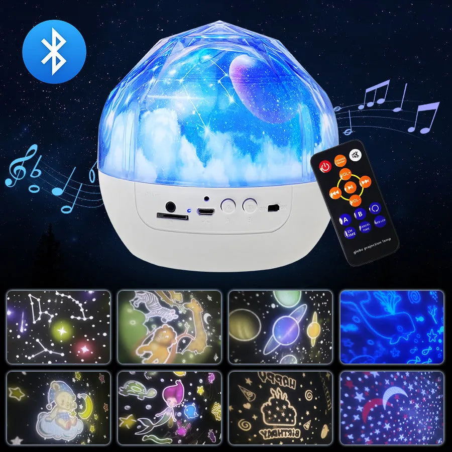 Compact white starry sky projector lamp with film discs on a table, projecting galaxy scene on wall.