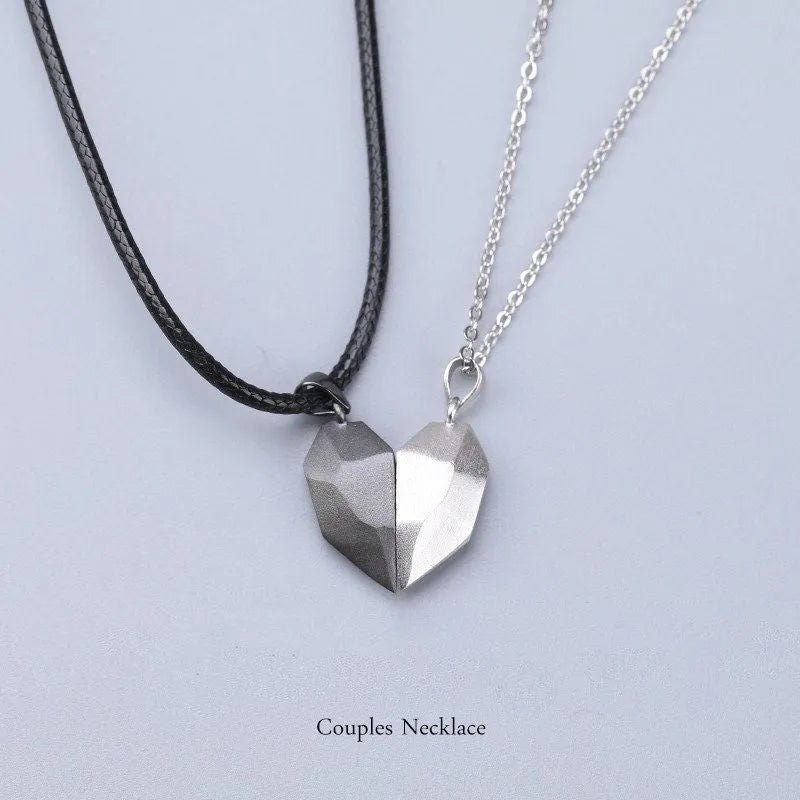 Alloy couple necklace with heart pendant on 60cm chain, black finish, unisex style
