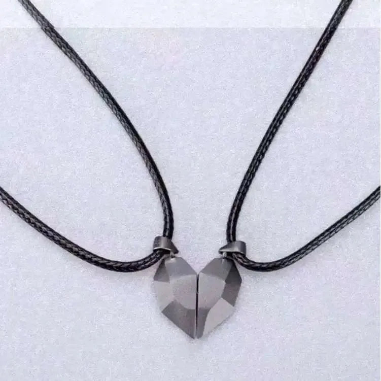 Alloy couple necklace with heart pendant on 60cm chain, black finish, unisex style