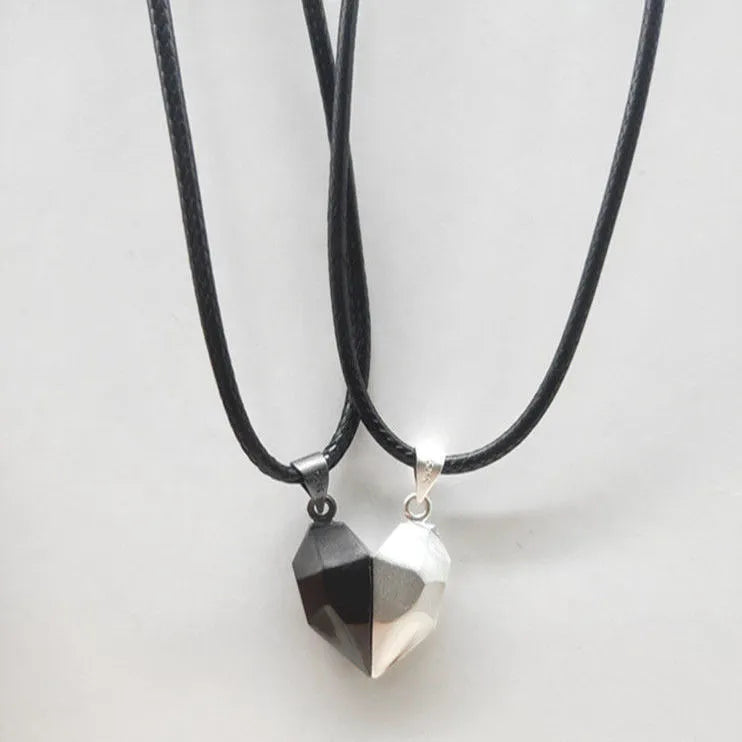 Alloy couple necklace with heart pendant on 60cm chain, black finish, unisex style