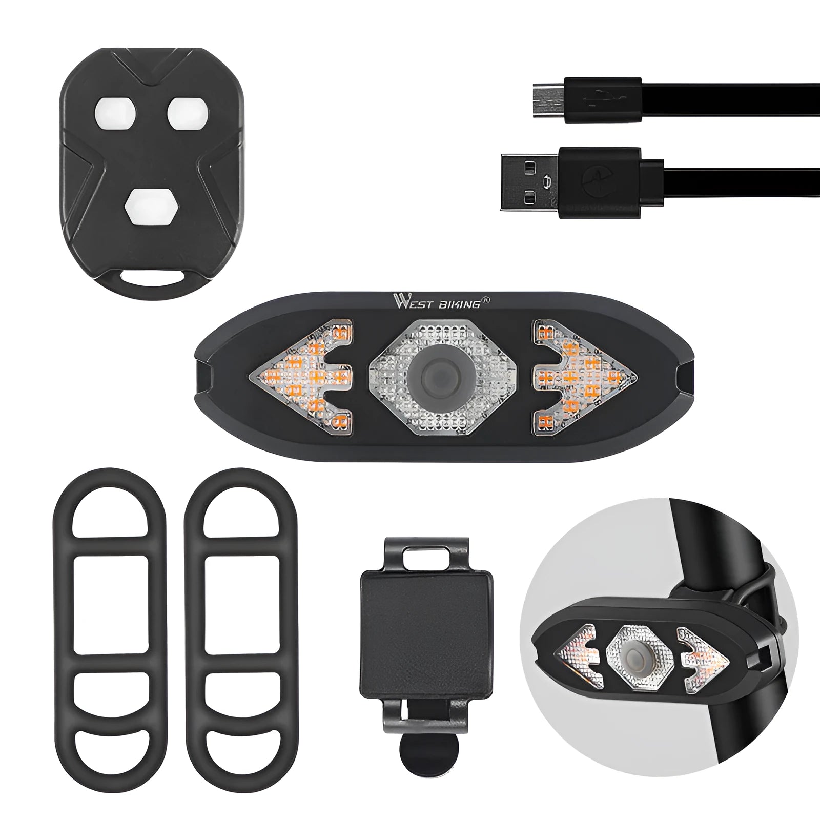 Black wireless remote control turn signal rechargeable tail light with horn for mountain bike