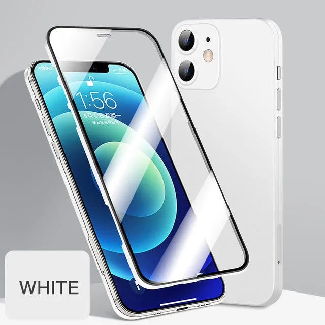 Tempered glass back phone case for iPhone 12 in black with flexible TPU frame