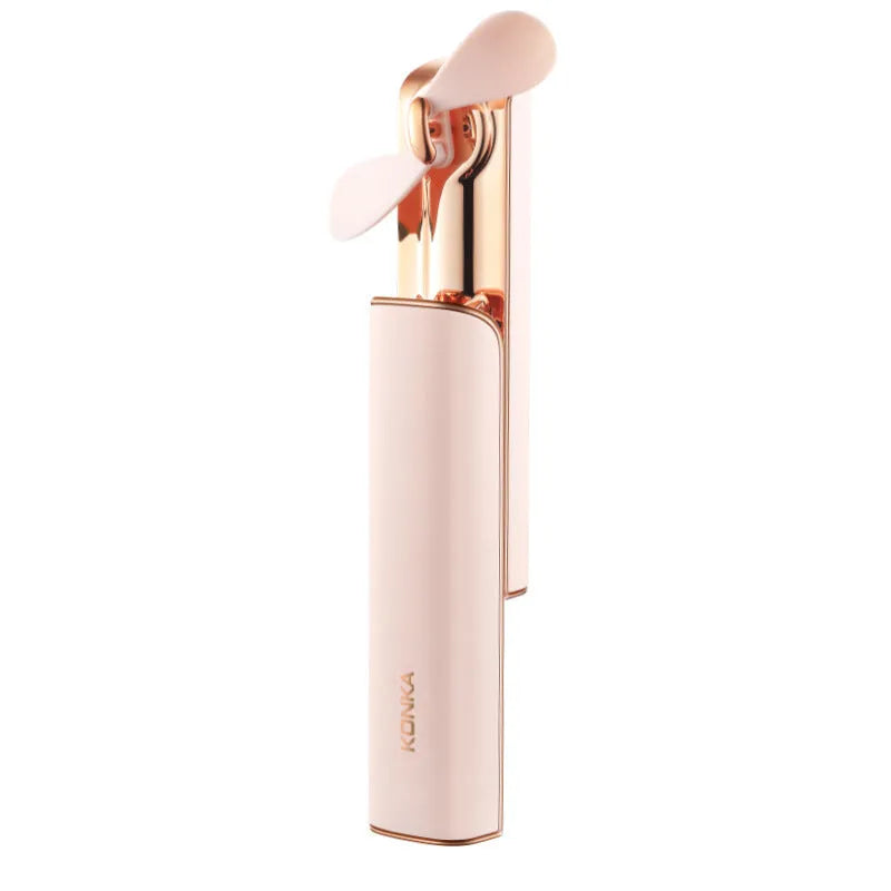 Pink handheld folding USB rechargeable fan with two-speed mechanical switch