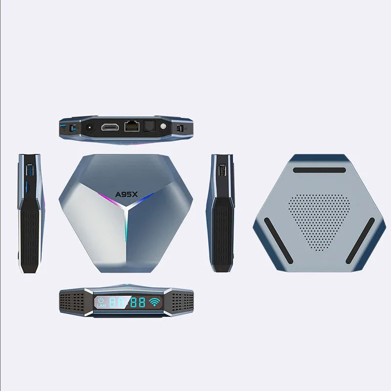 Android 8K TV set-top box with remote, HD cable, and power adapter on a table.