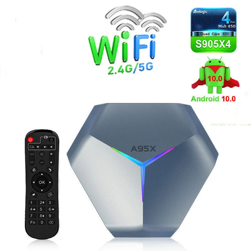 Android 8K TV set-top box with remote, HD cable, and power adapter on a table.