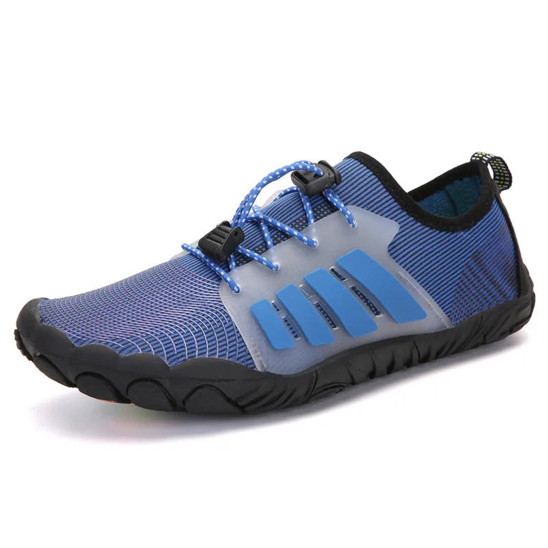 Couple outdoor sports diving beach shoes with mesh upper and non-slip rubber outsole, shown on surface