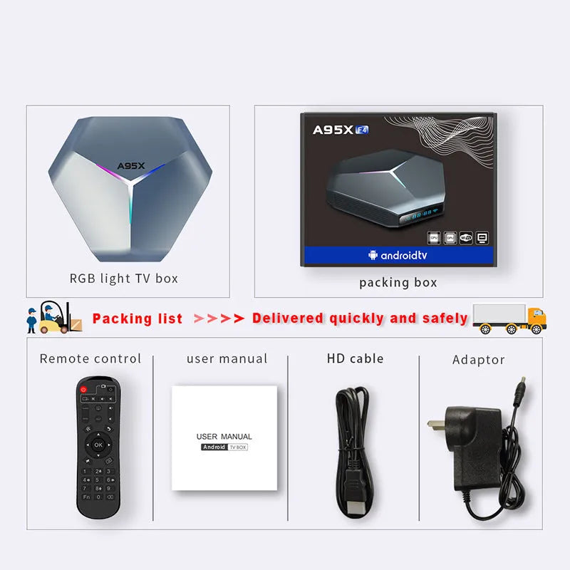 Android 8K TV set-top box with remote, HD cable, and power adapter on a table.