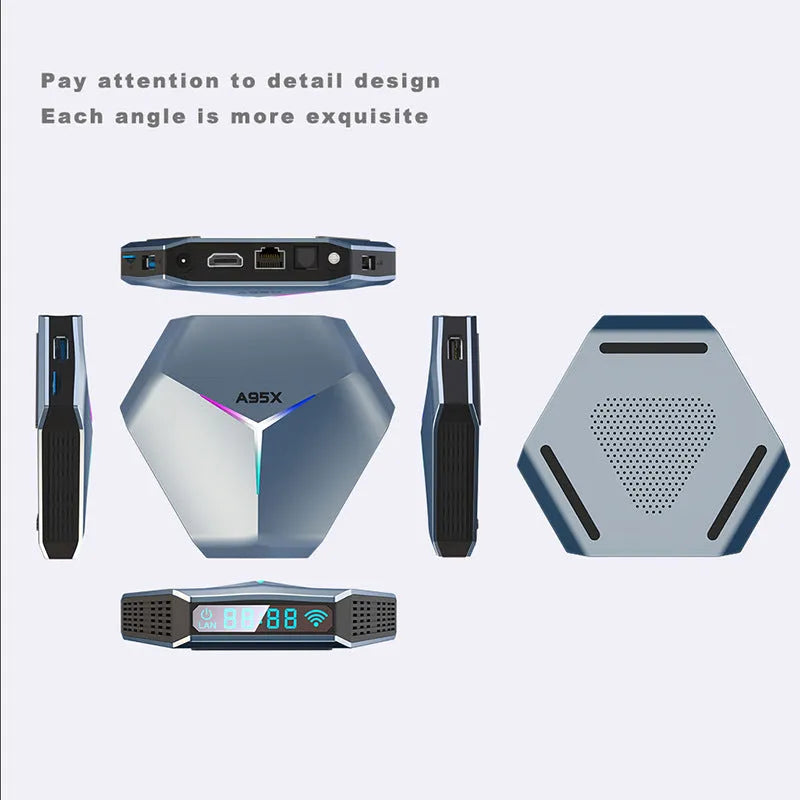 Android 8K TV set-top box with remote, HD cable, and power adapter on a table.
