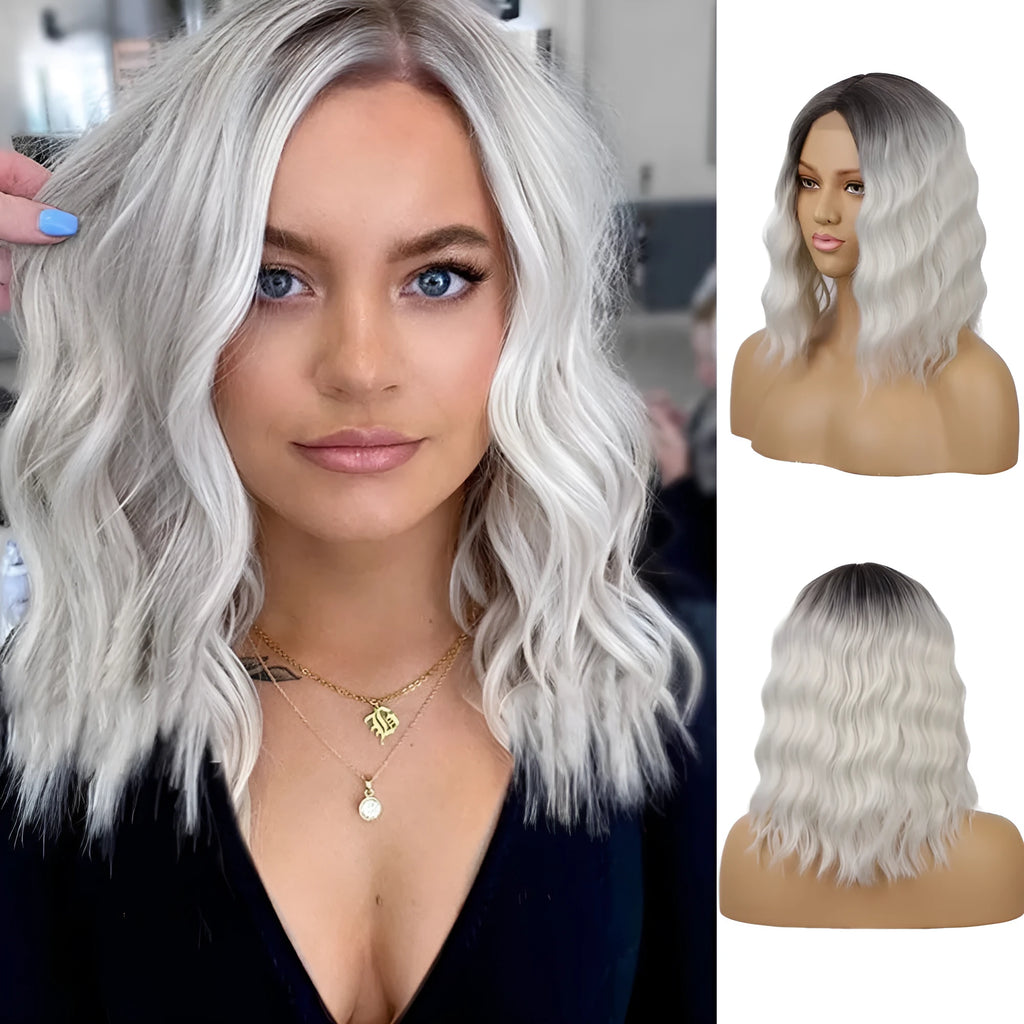 Short curly front lace wig for ladies, 38cm, in light grey, light gold, dark grey or mixed gold