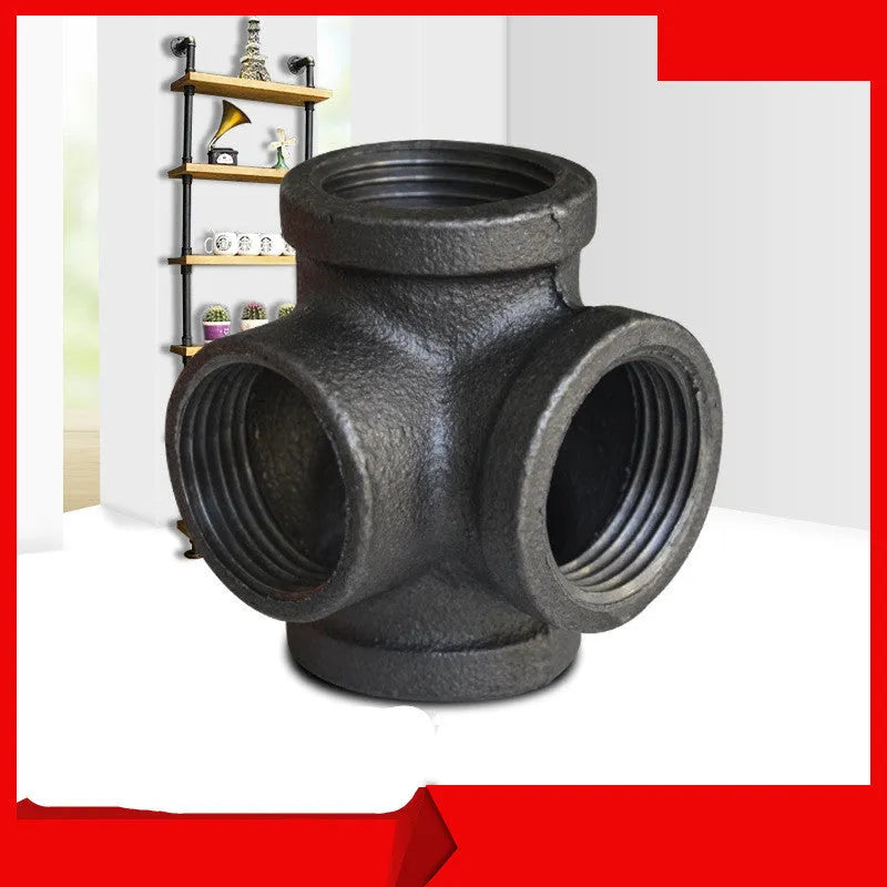 Galvanized steel four-way pipe fitting with three-dimensional corner design