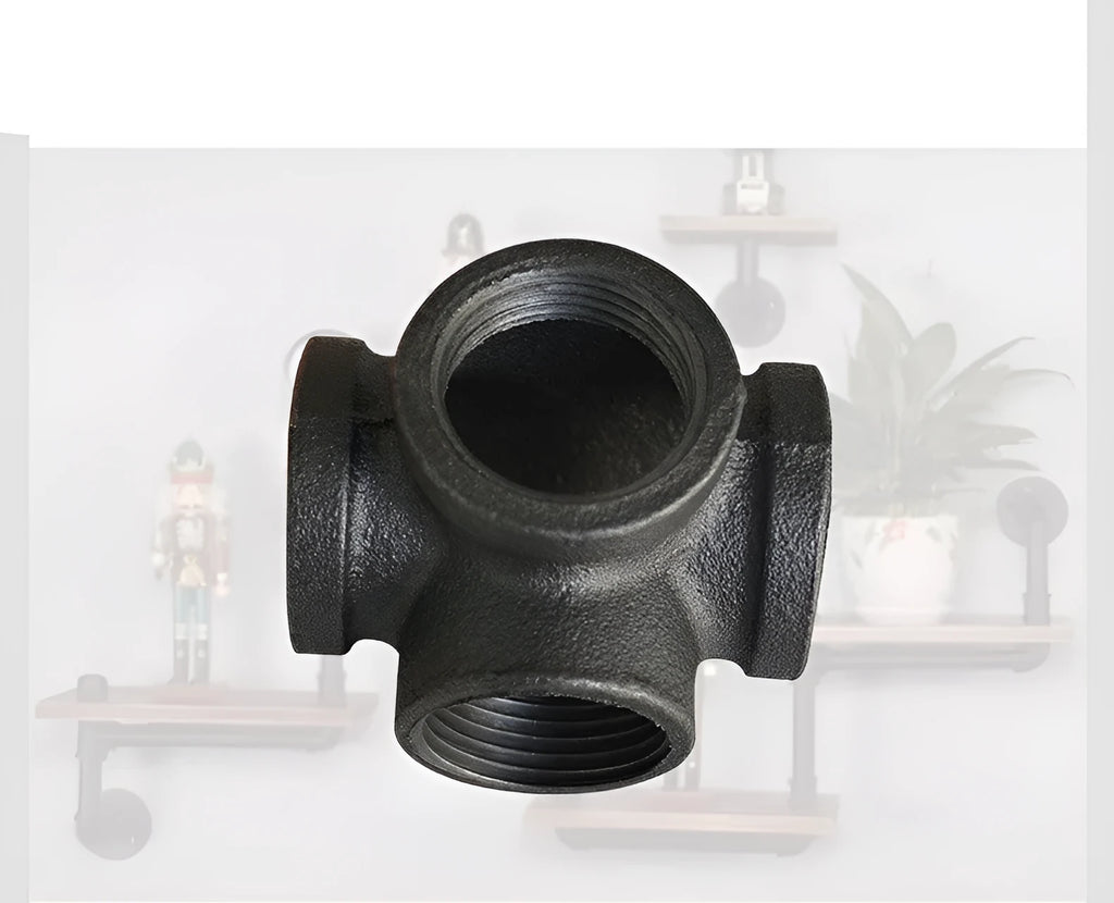 Galvanized steel four-way pipe fitting with three-dimensional corner design