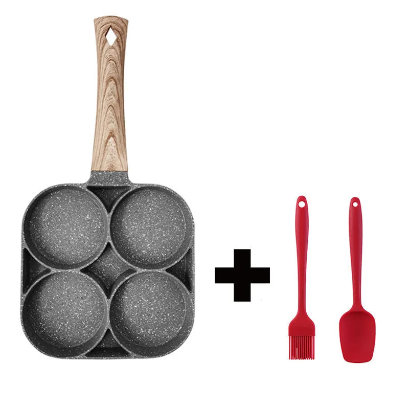 Four-hole non-stick frying pan with bakelite handle for making eggs and burgers